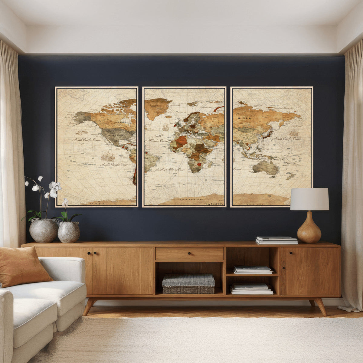 Rustic Vintage World Map Canvas Print – Framed Modern