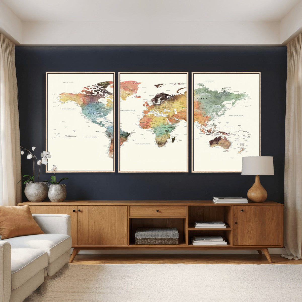 Framed World Map Wall Art Canvas Print for Living Room and
