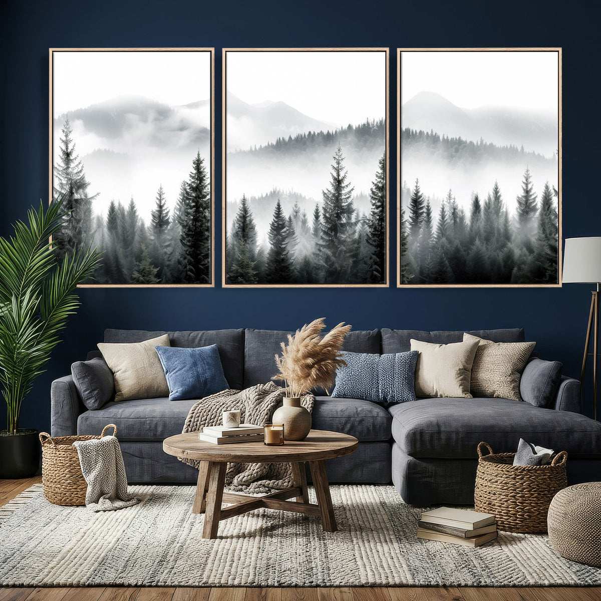 Misty Pine Forest Mountain Landscape Wall Art Canvas Print