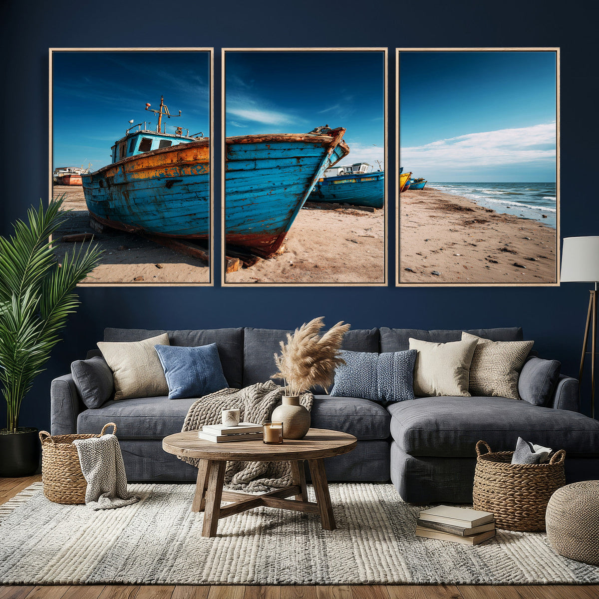 Coastal Fishing Boats Wall Art Canvas Print, Sunset Beach