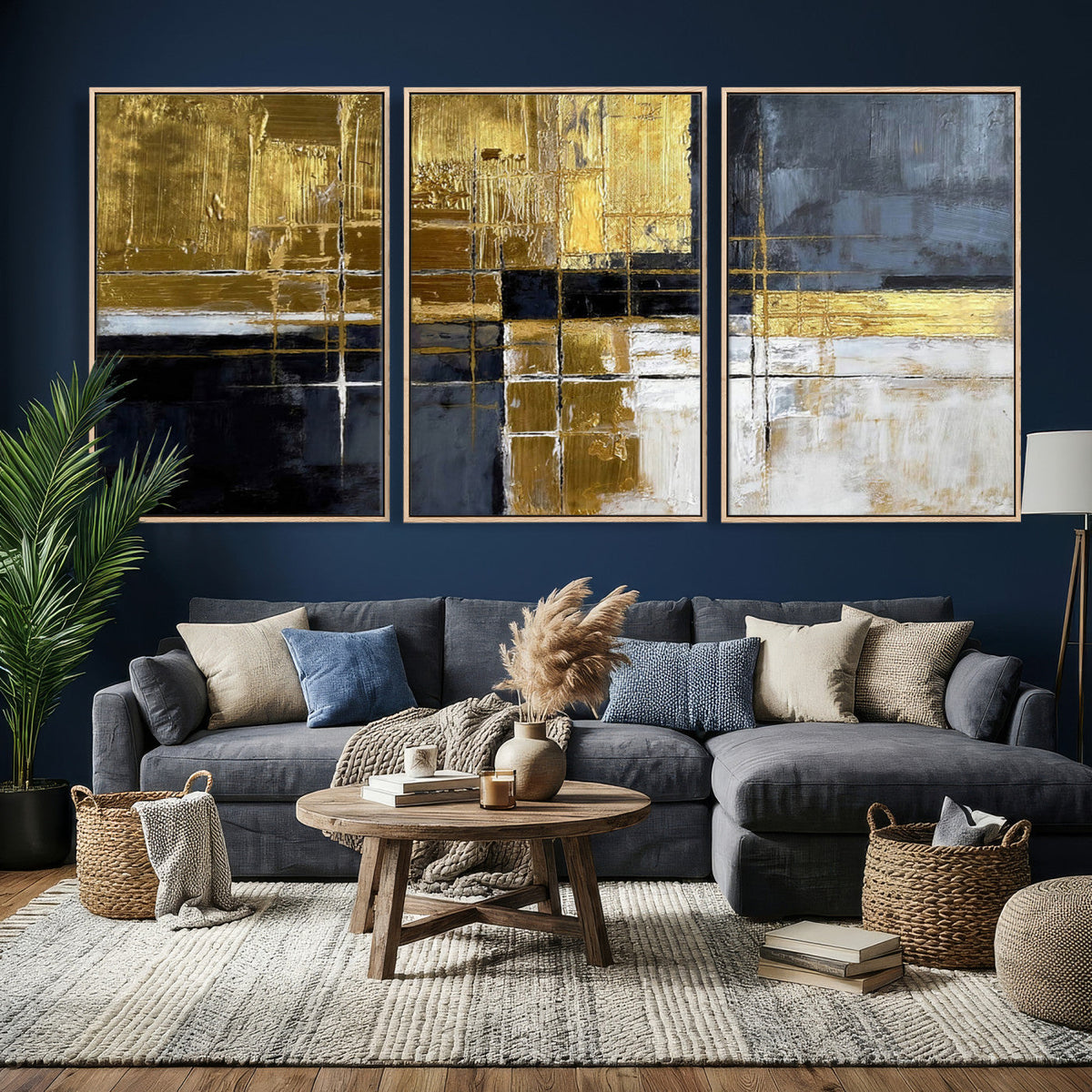 Gold Navy Abstract Wall Art Canvas Print, Modern Luxury