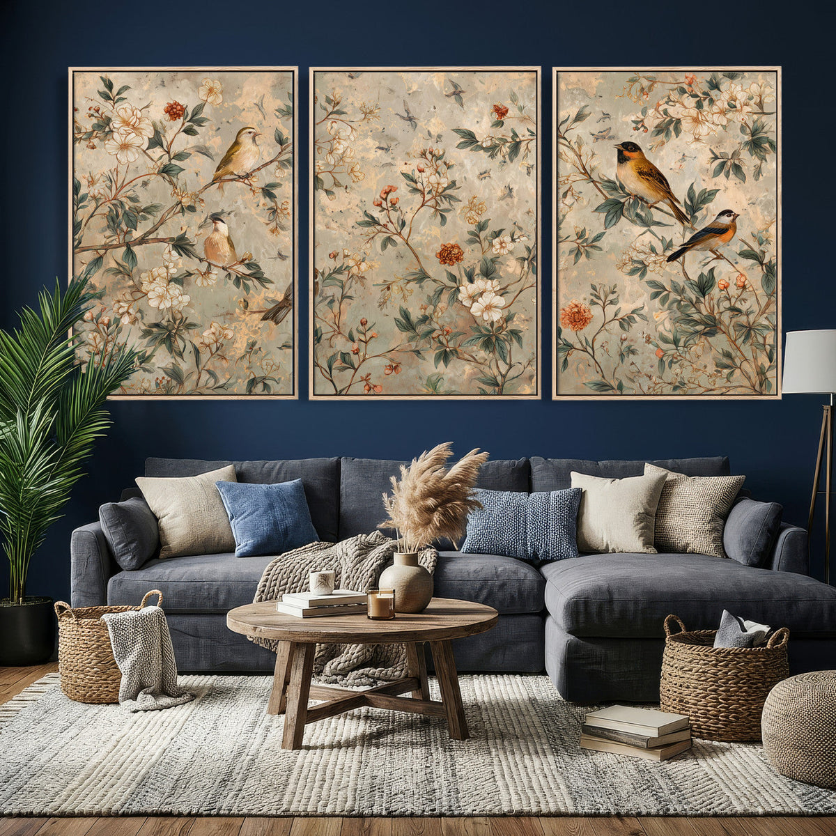 Vintage Birds and Flowers Wall Art Canvas Print, Botanical