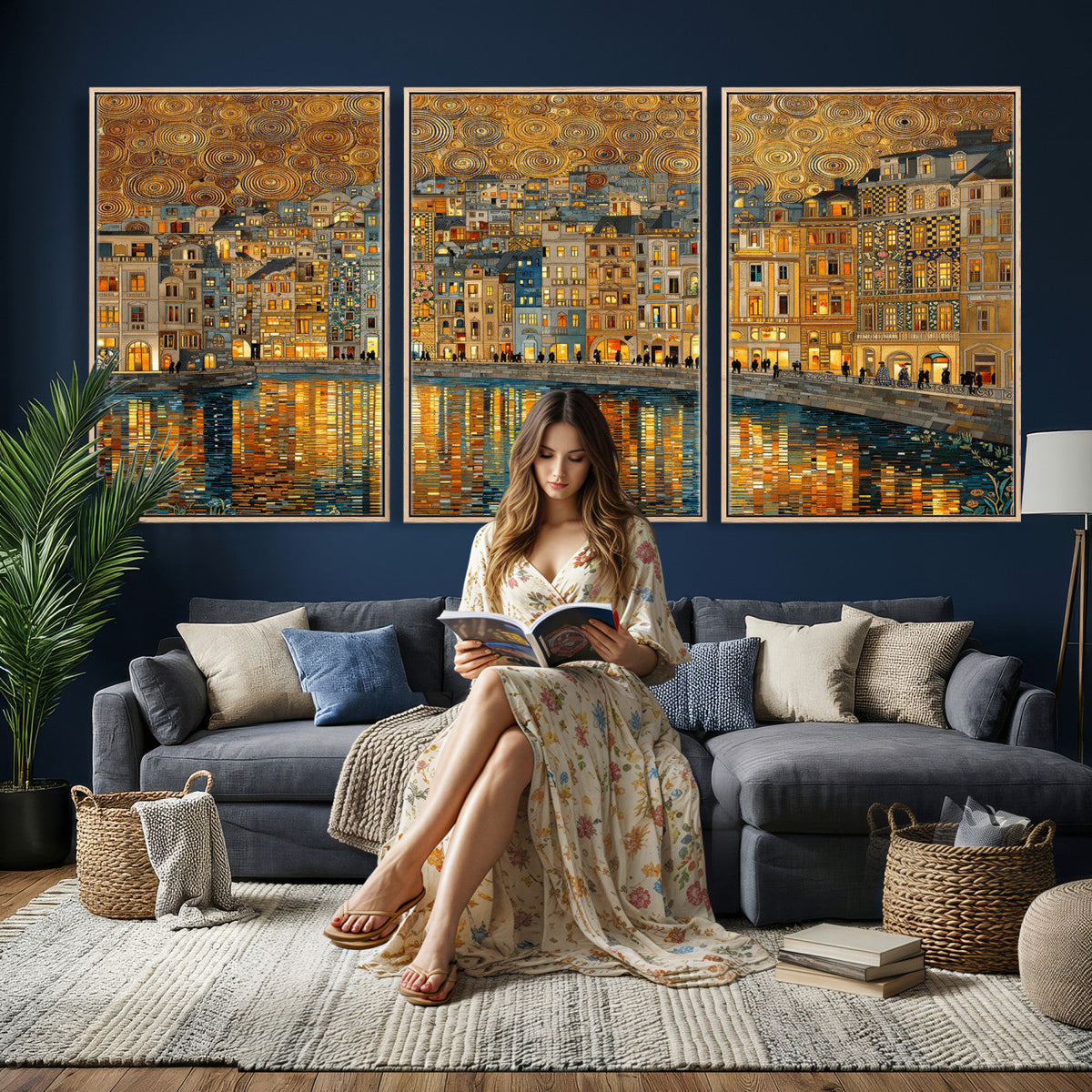 Gustav Klimt Golden Cityscape Wall Art Canvas Print, Framed