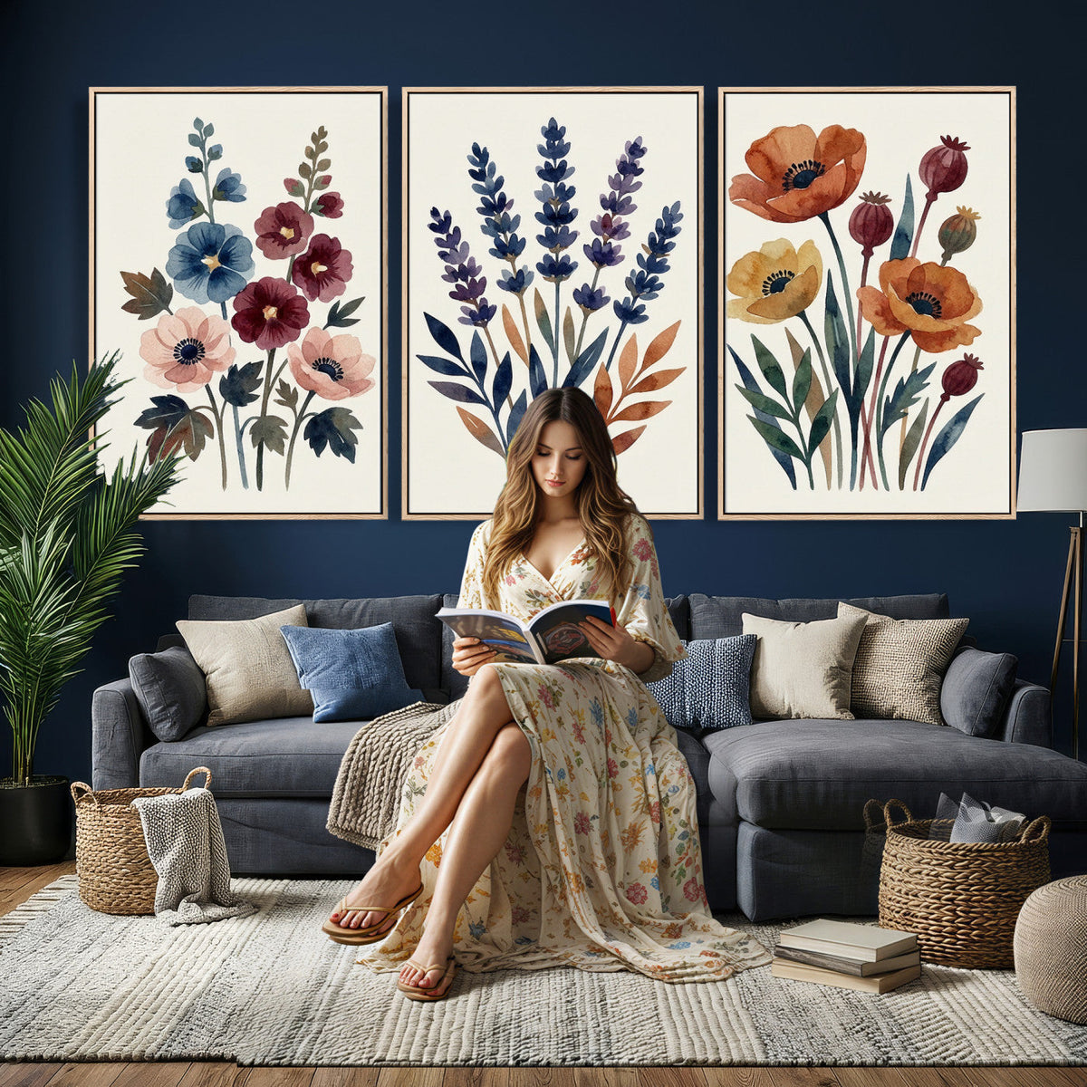 Watercolor Botanical Canvas Wall Art Set, Navy Terracotta