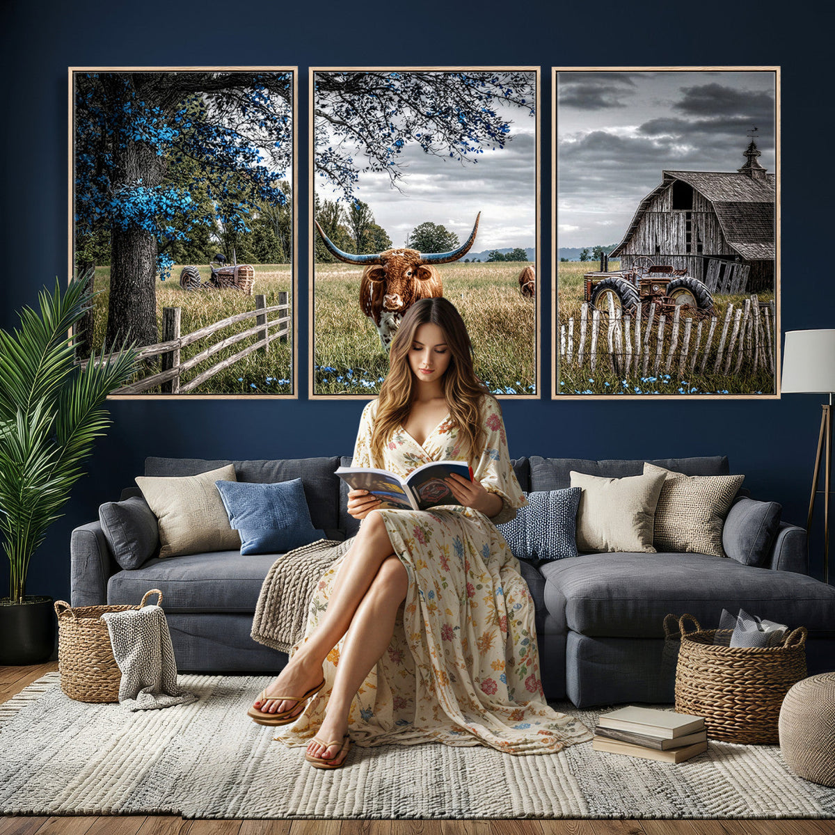 Texas Longhorn Canvas Wall Art, Rustic Farm Barn Bluebonnet