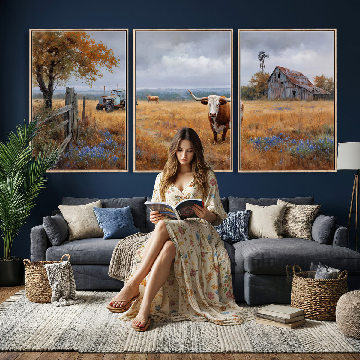 Texas Longhorn Canvas Wall Art, Rustic Farm Barn Bluebonnet