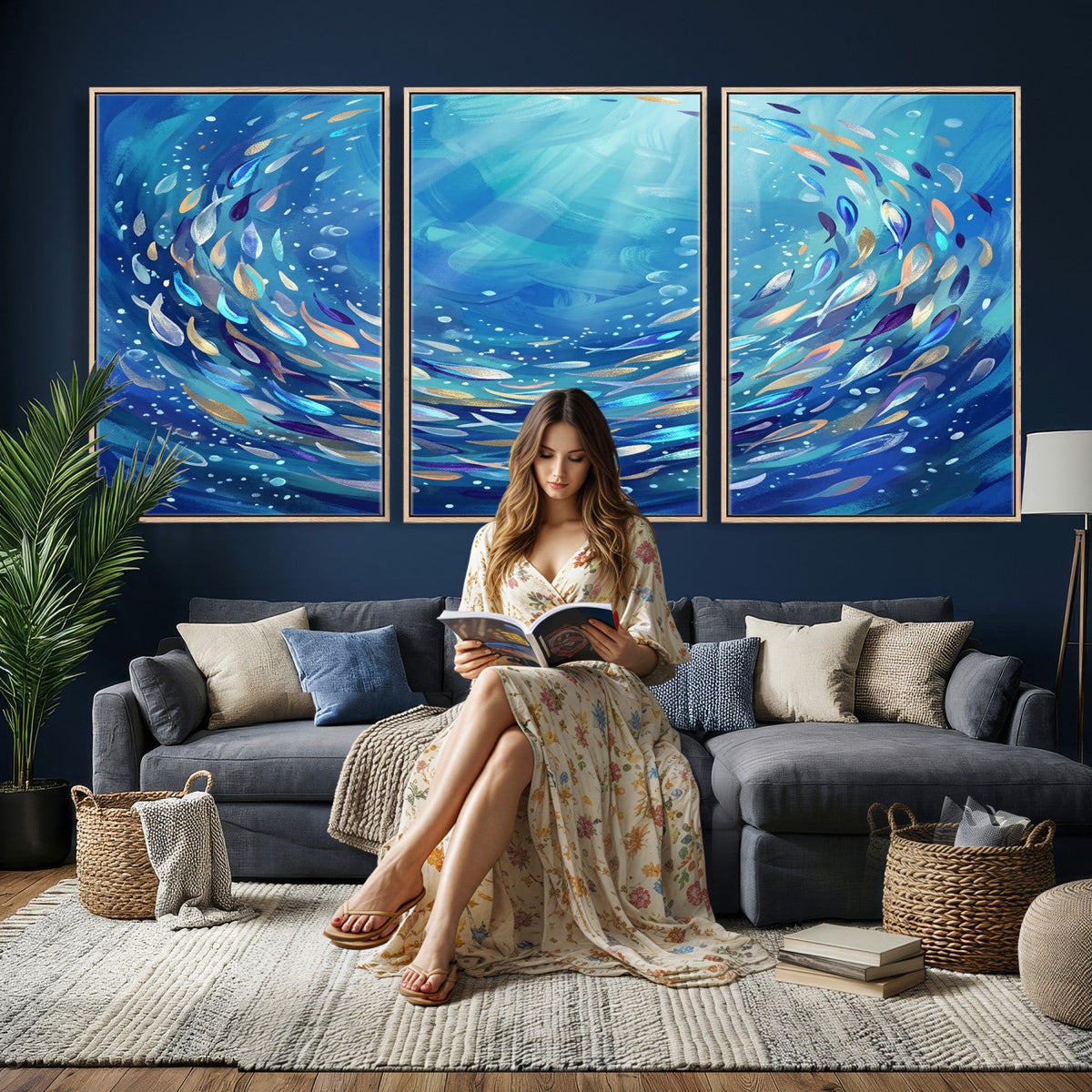 School of Fish Canvas Print | Blue Ocean Underwater Wall Art