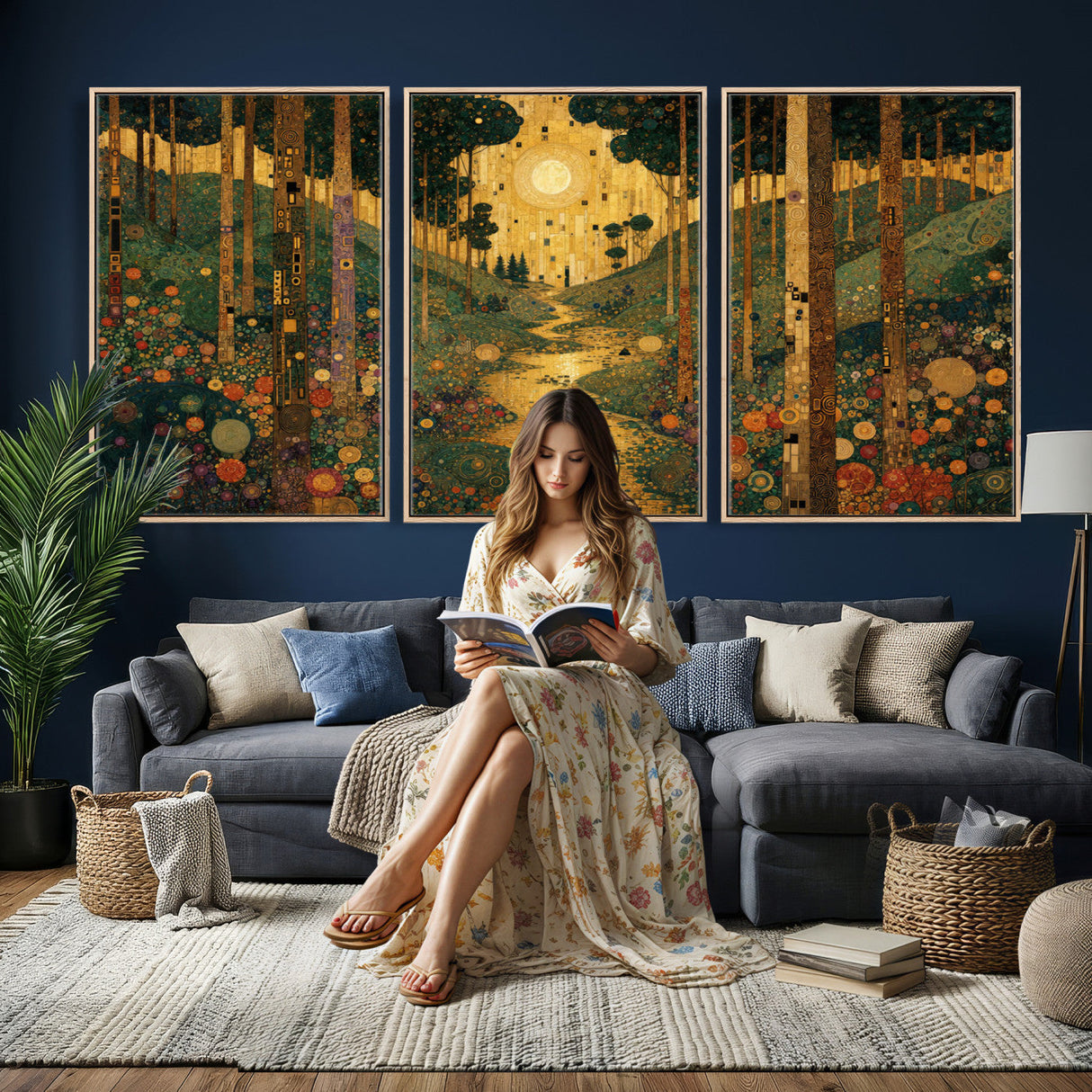 Gustav Klimt Style Forest Canvas Wall Art, Golden Forest Path Floral Art Nouveau Print, Enchanted Woodland Decor