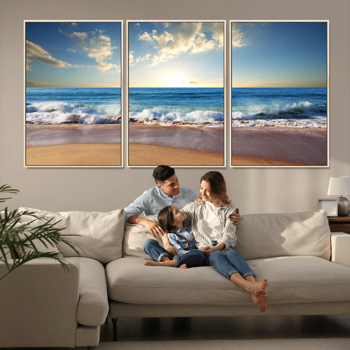 Serene Ocean Sunset Canvas Wall Art - Beach Waves at Sunset,