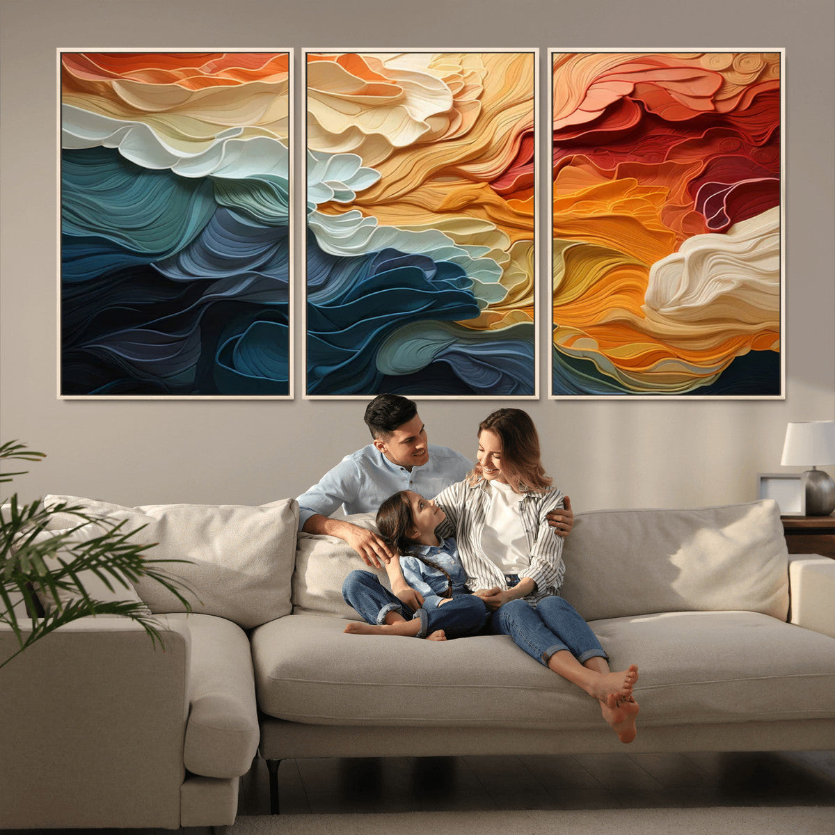Blue Orange Abstract Wave Wall Art Canvas Print, Framed Blue