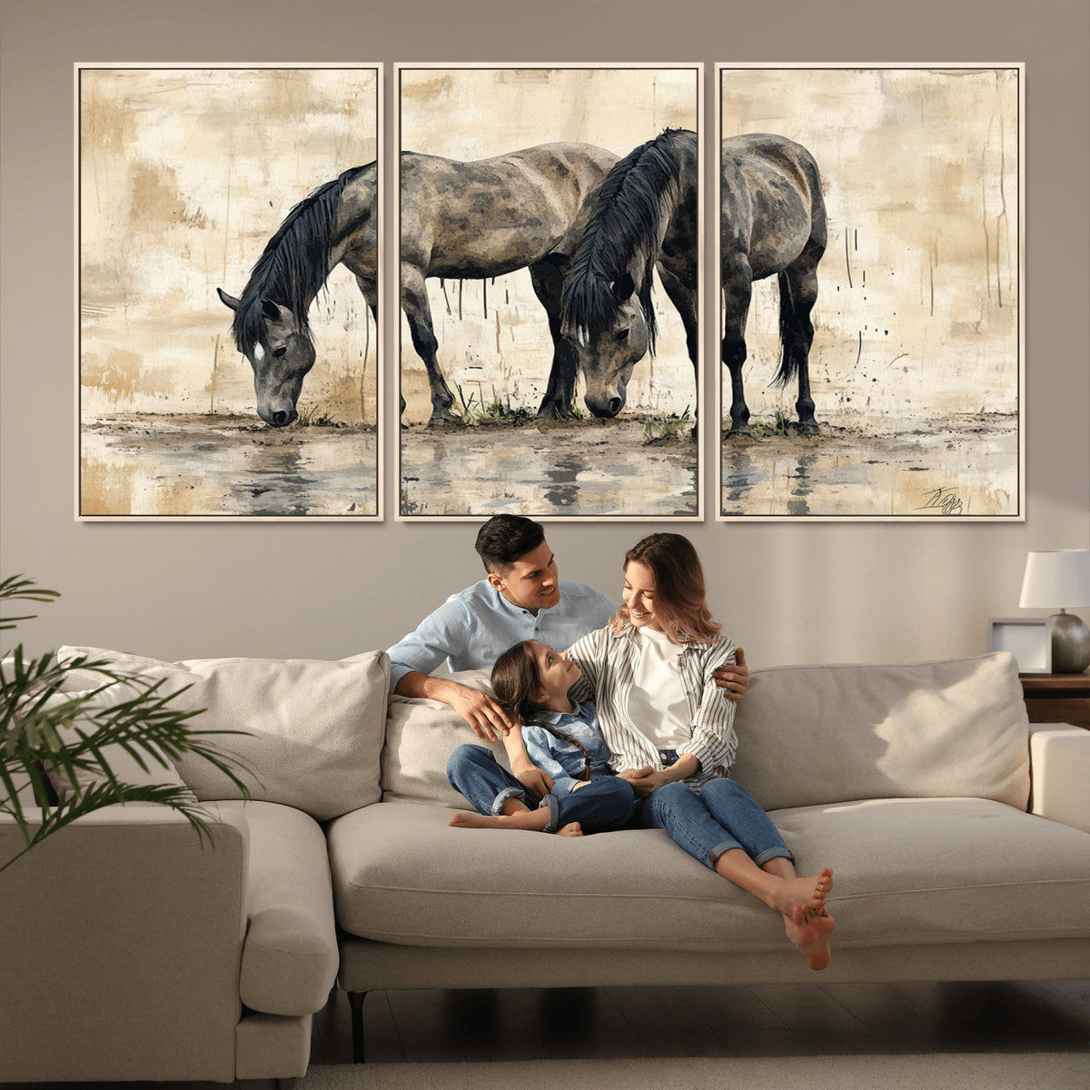 Chinese Style Abstract Black Horses Wall Art Canvas Print -