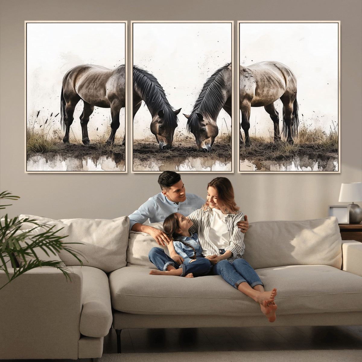 Chines Ink Style Horses Wall Art Canvas Print