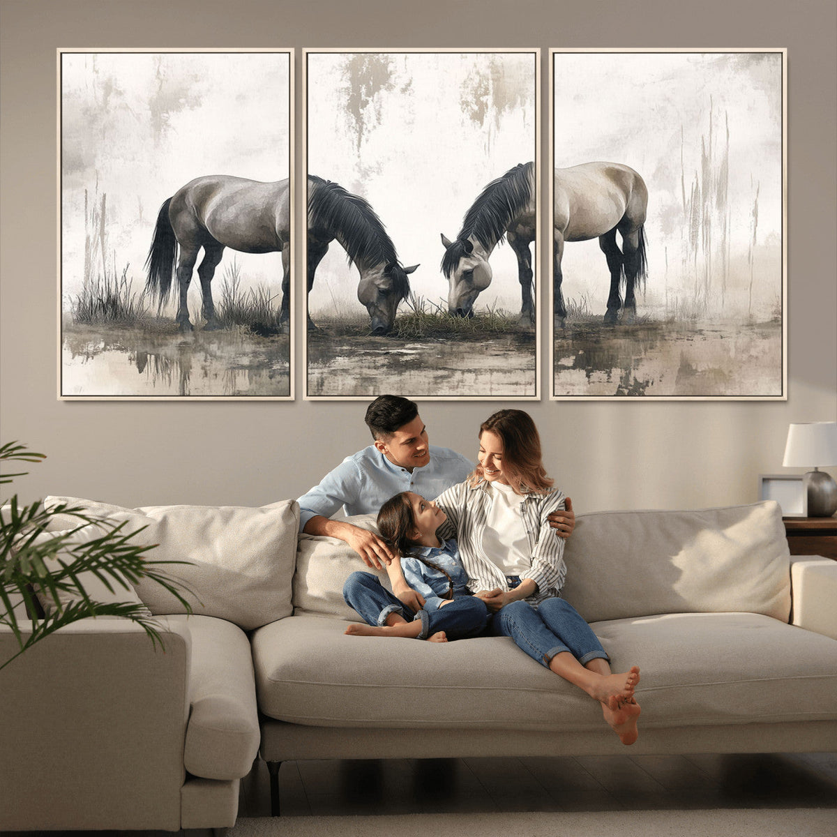 Chines Ink Style Vintage Horses Wall Art Canvas Print for