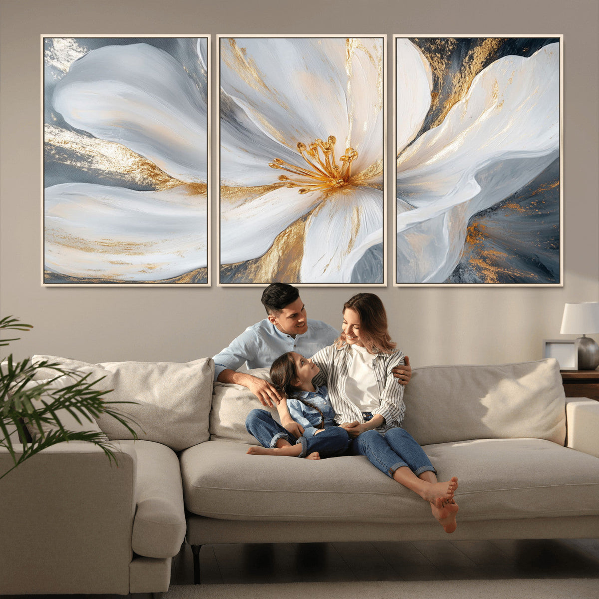 White and Gold Floral Canvas Wall Art - Framed and Ready to