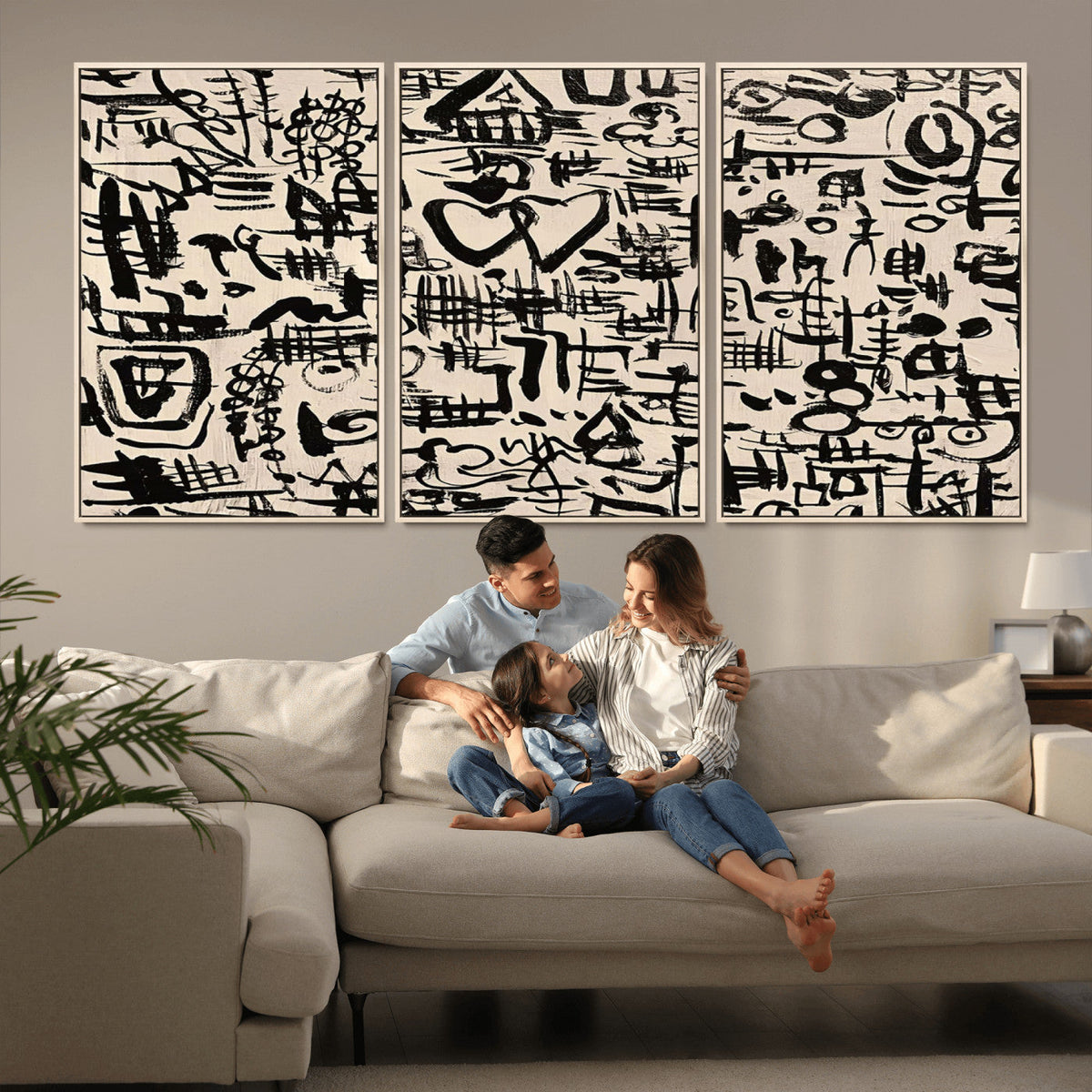 Abstract Love and Chaos Canvas Print, Black Symbols on Beige