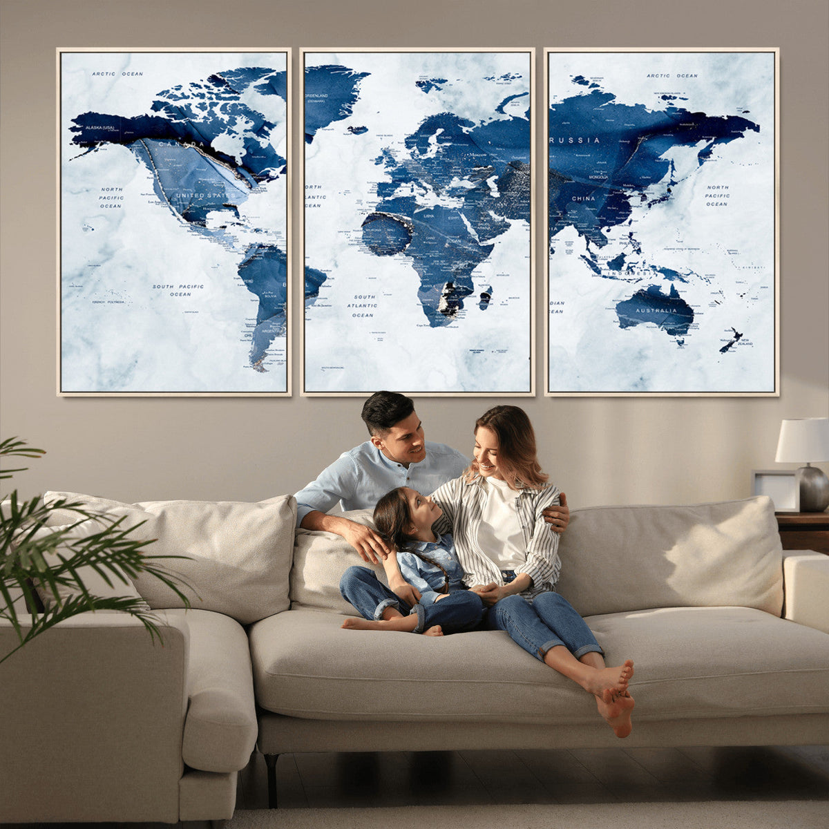 Modern Blue World Map Canvas Print – Framed Wall Art,