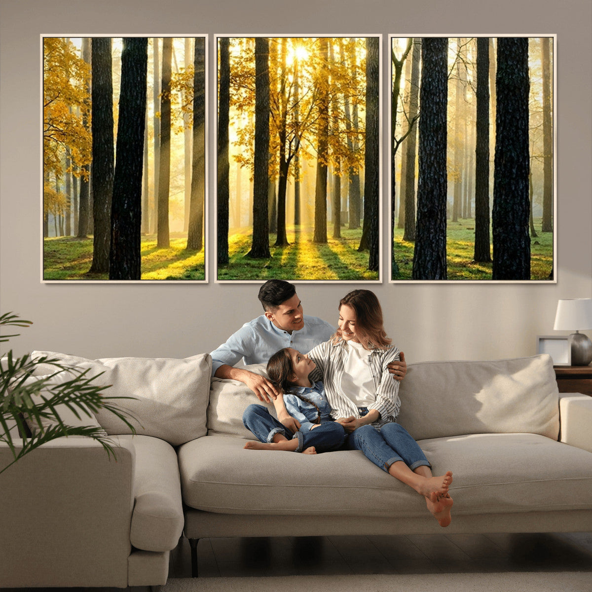 Sunlit Forest Wall Art Canvas Print – Large Framed Woodland