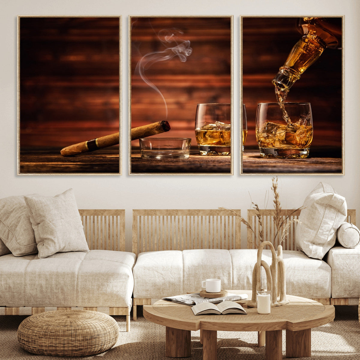 Whiskey and Cigar Wall Art Canvas | 3 Panel Bar Room Decor