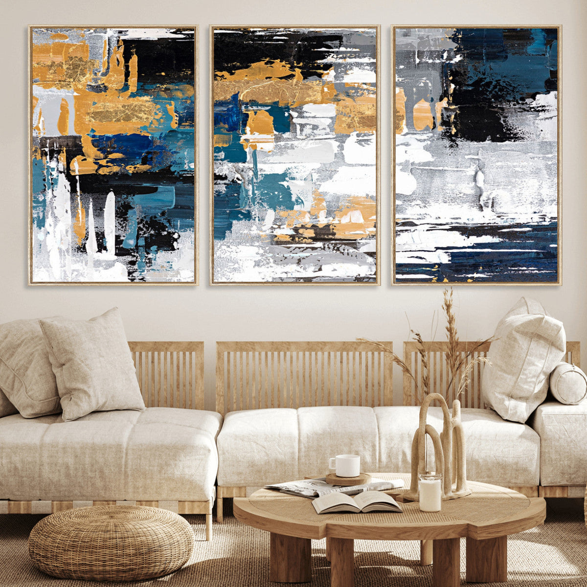 Blue and Gold Abstract Canvas Wall Art – Triptych Modern