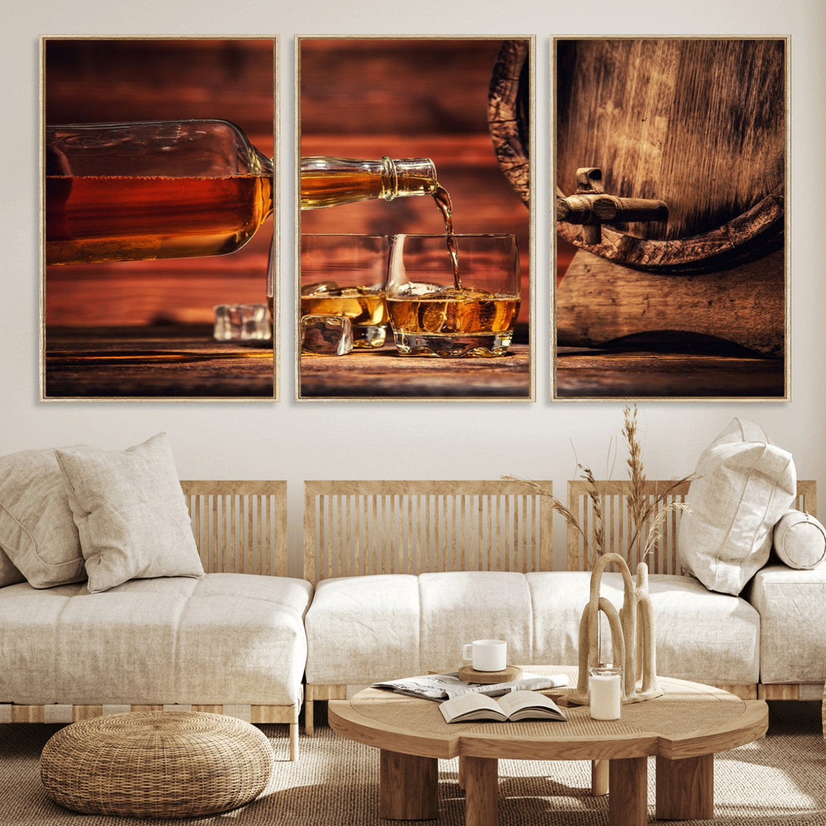 Whiskey and Cigar Canvas Wall Art | 3 Panel Bar Room Decor