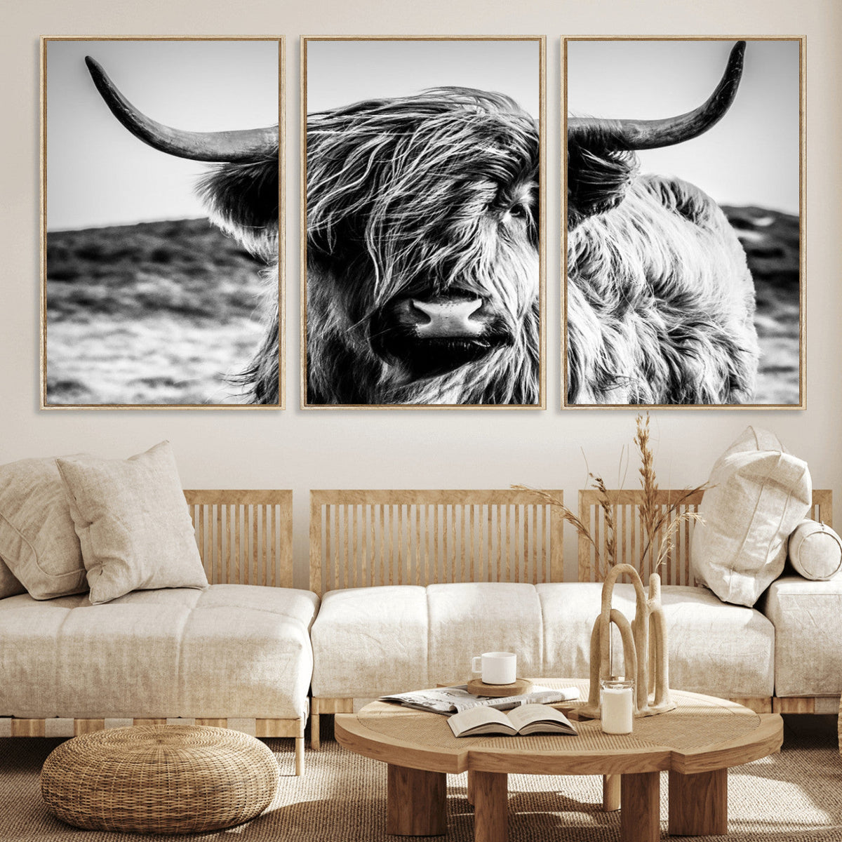 Black and White Scottish Cow Canvas Wall Art Highland Cattle
