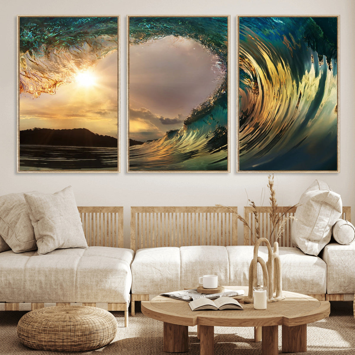 Golden Wave Sunset Canvas Print – Large Coastal Wall Art for