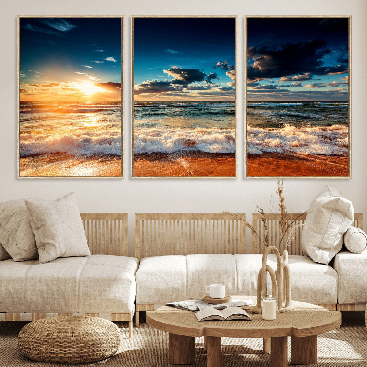 Golden Hour Sunset Over Ocean Waves Wall Art Canvas Print |