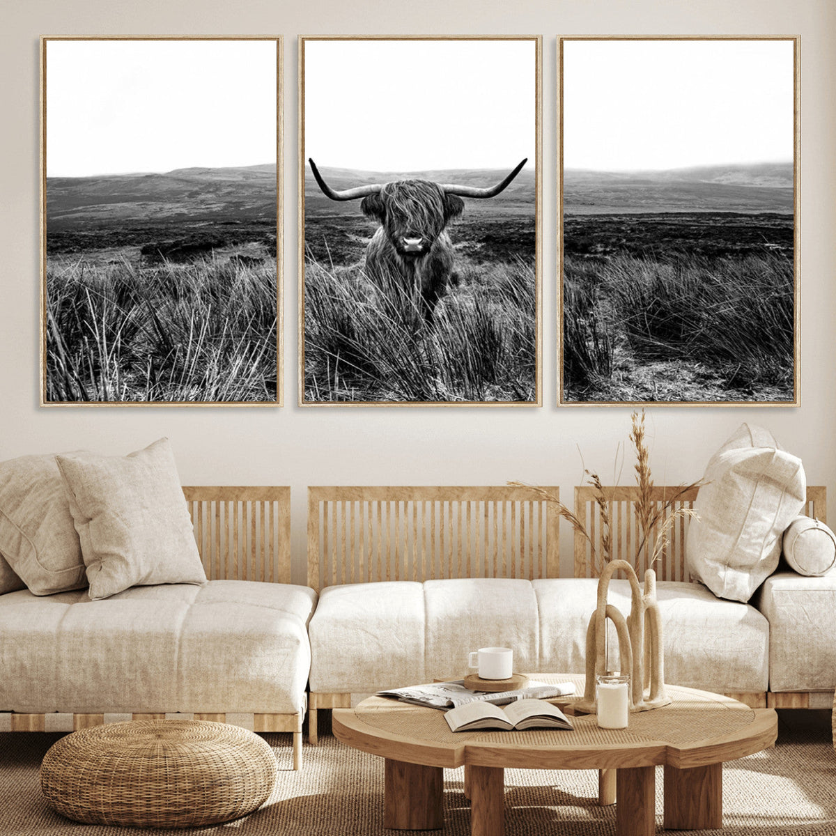 Black and White Highland Cow Canvas Wall Art, Longhorn