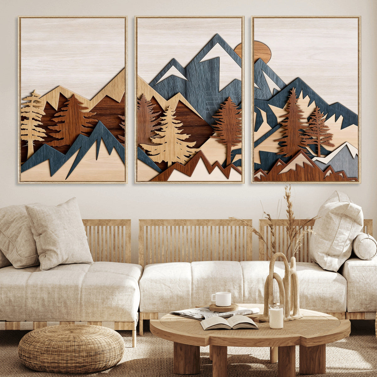 Rustic Abstract Wood Panel Effect Canvas Mountain Range Top