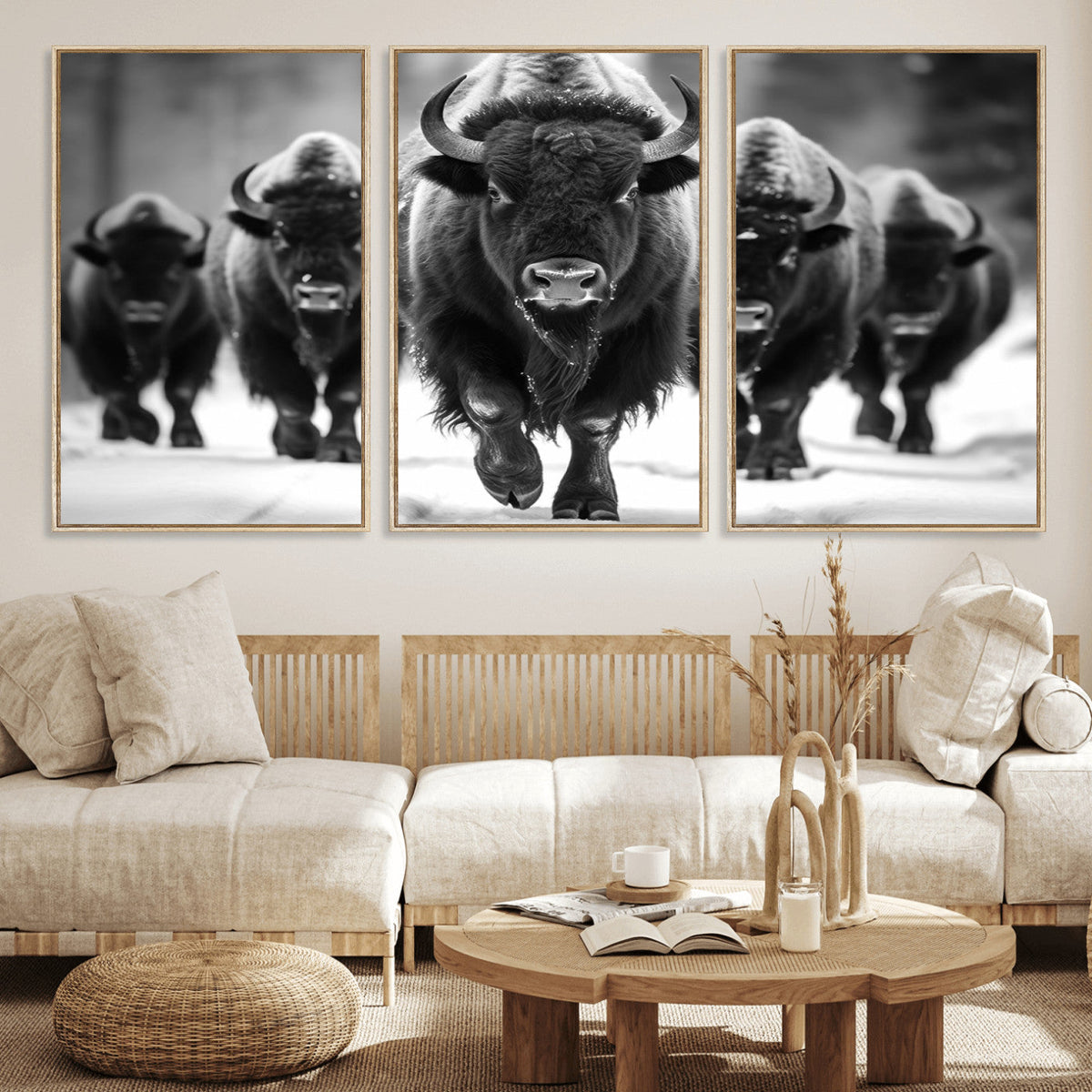 American Bison Art | Buffalo Herd Wall Art Canvas Print, BW