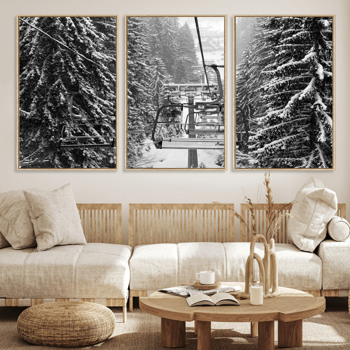Winter Ski Lift Black and White Canvas Wall Art – Alpine