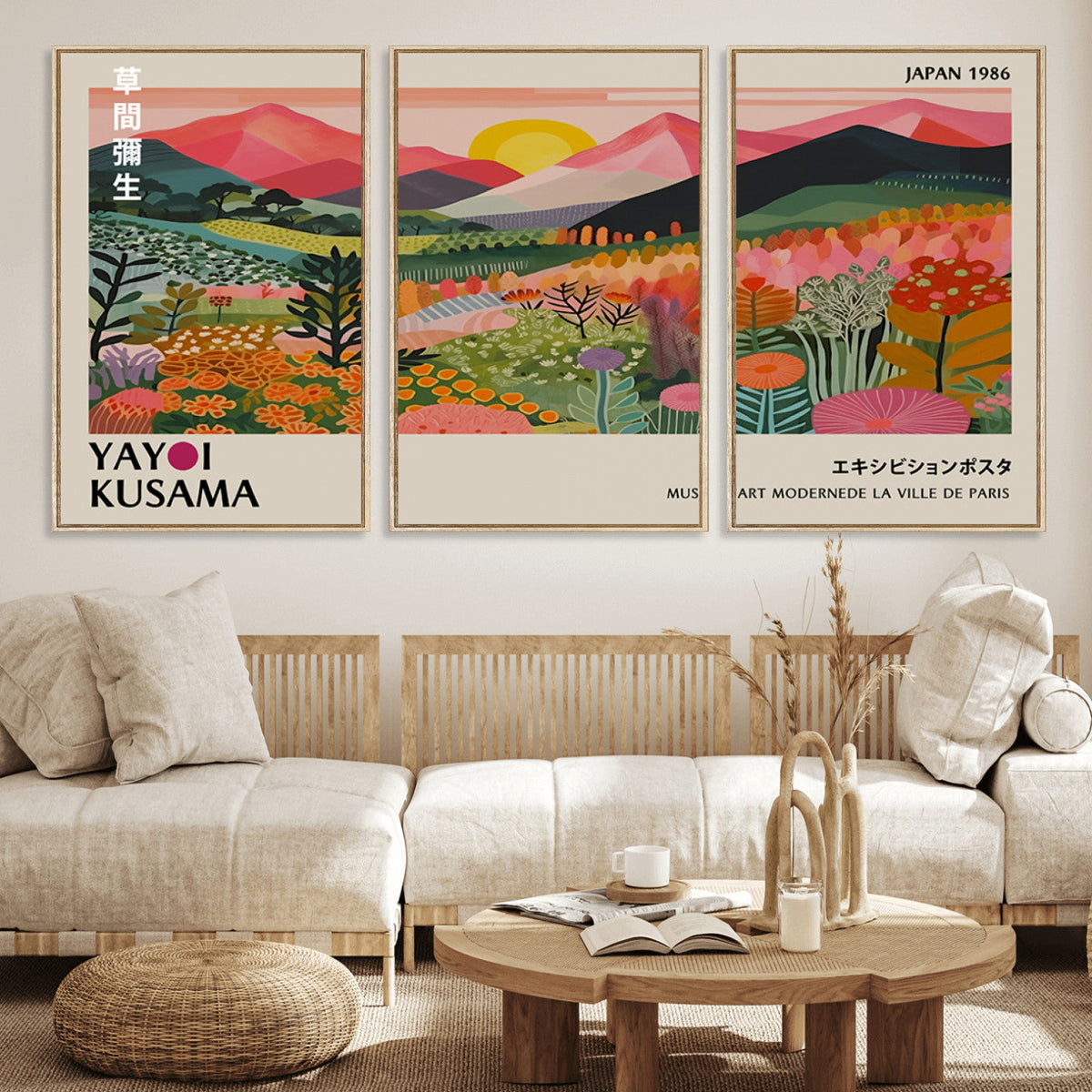 Yayoi Kusama Landscape Canvas Print, Vibrant Floral Mountain Art Print, Framed Botanical Wall Art -
