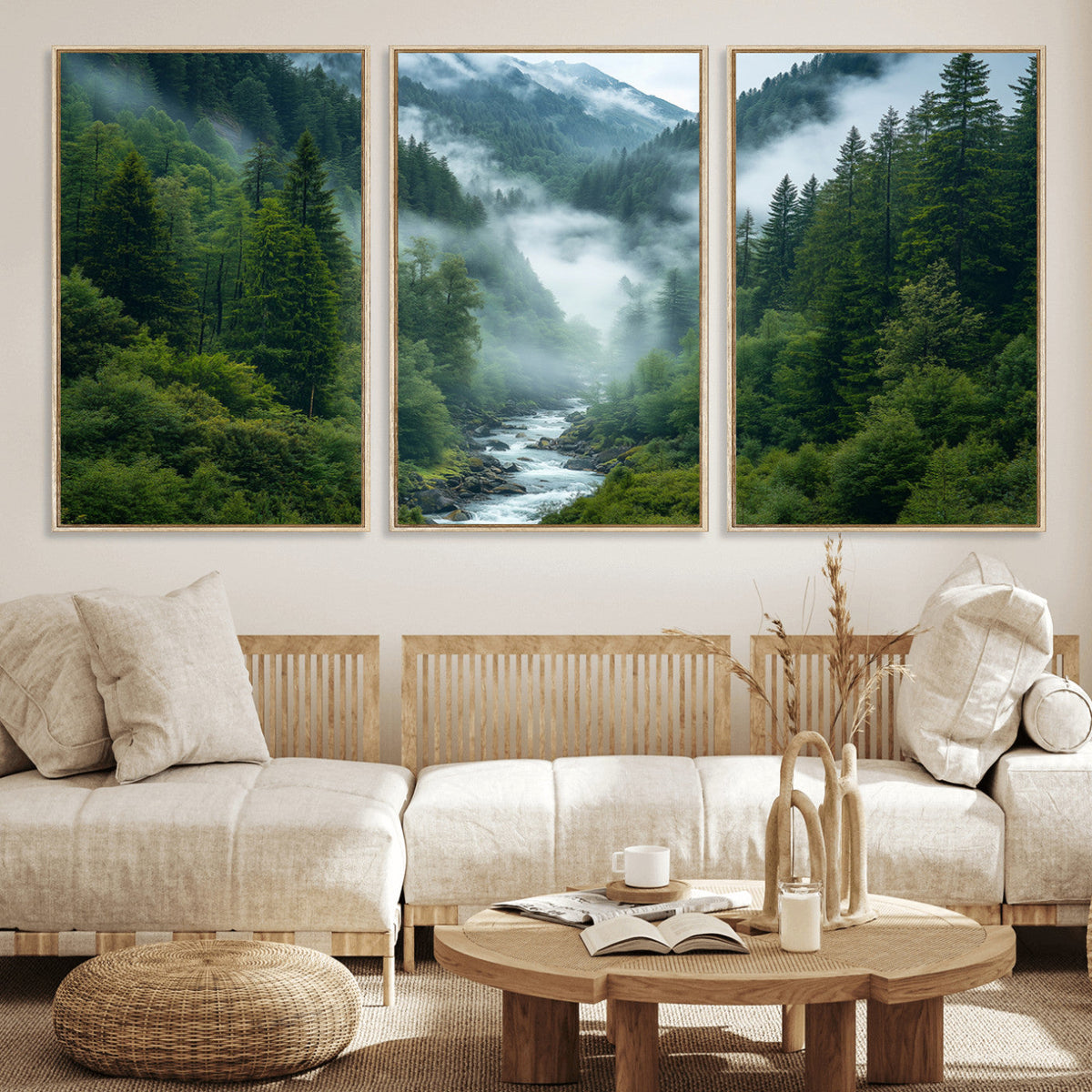 Mountain Forest River Canvas Wall Art Print - Serene Nature