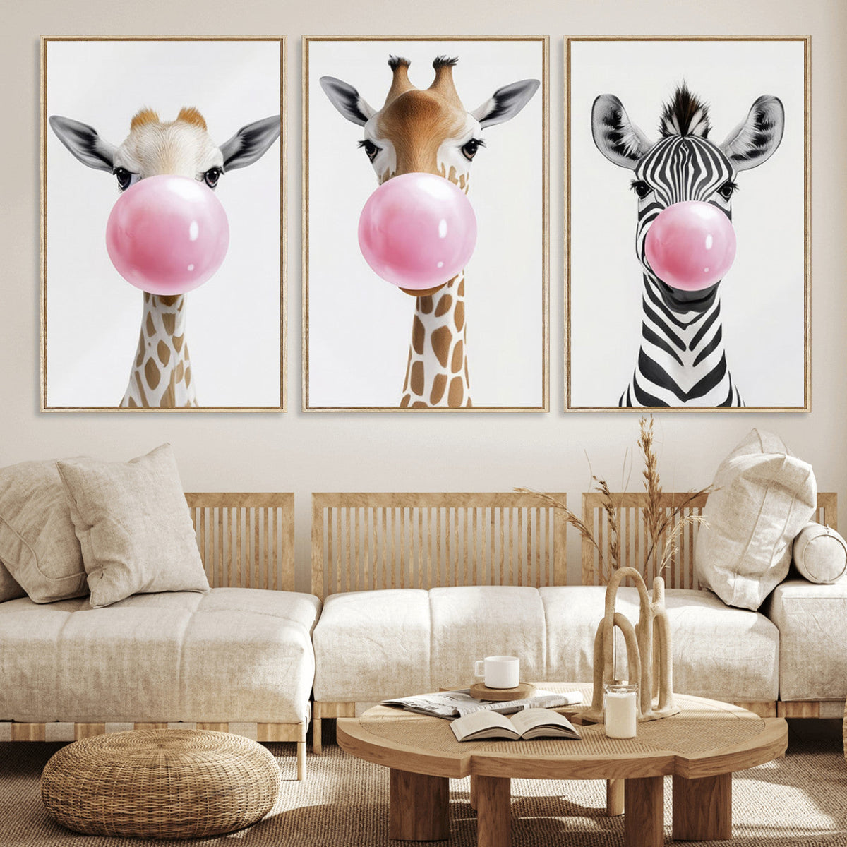 Bubblegum Animals Canvas Wall Art - Playful Giraffe and