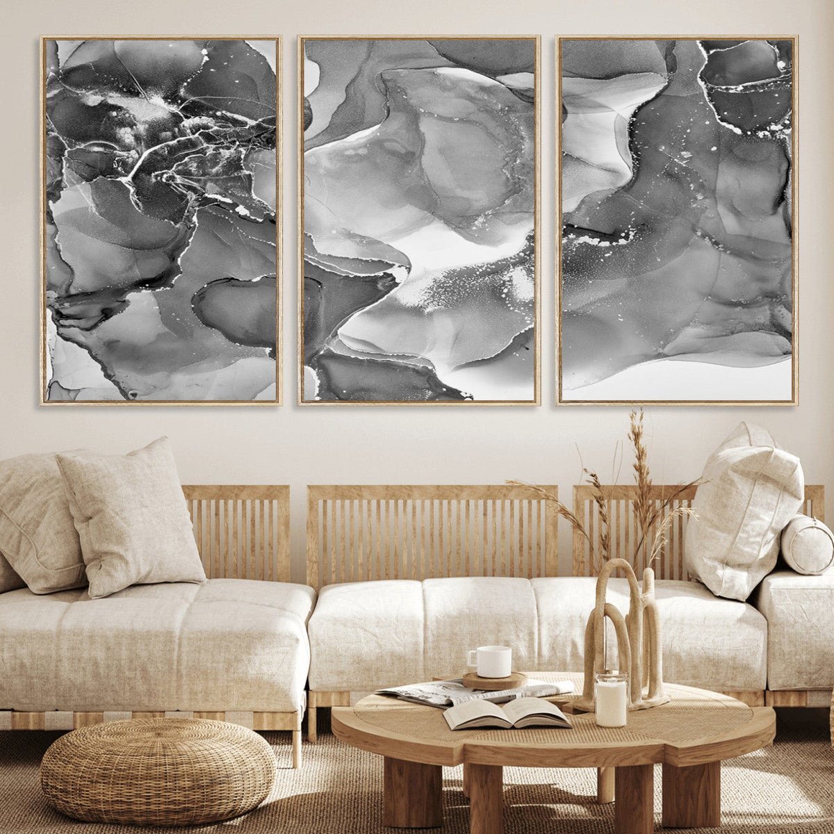 Black White Abstract Canvas Wall Art - Fluid Ink Artwork -