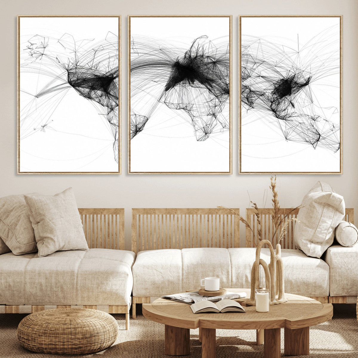 Abstract World Map Wall Art – Framed Geometric Line Canvas