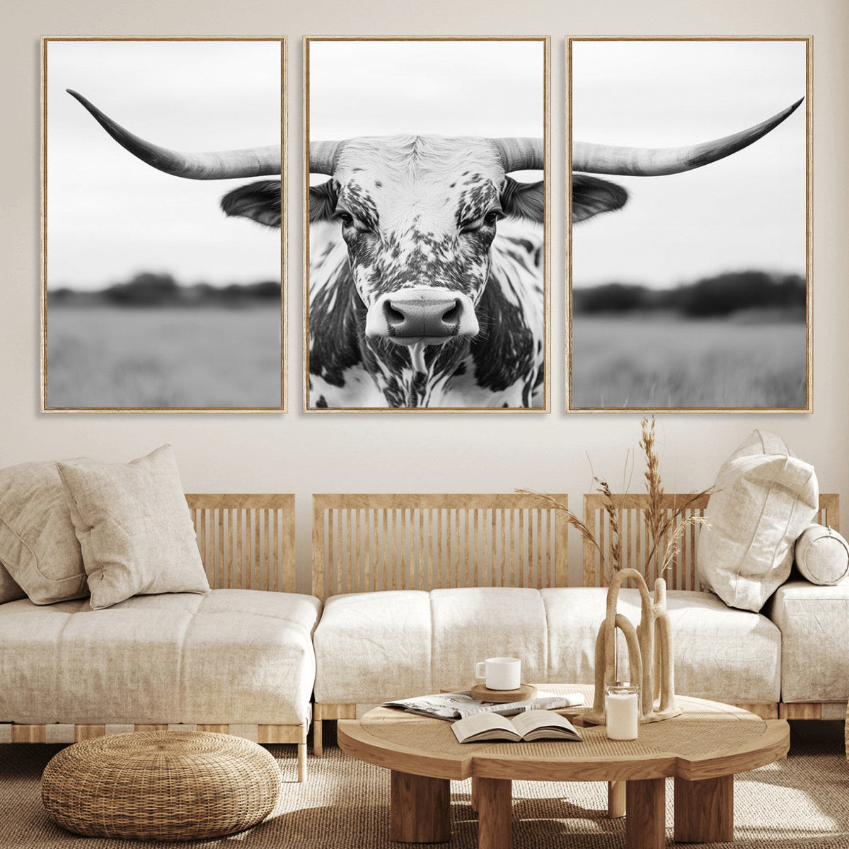 Highland Cow Wall Art Canvas Print – Black and White Western