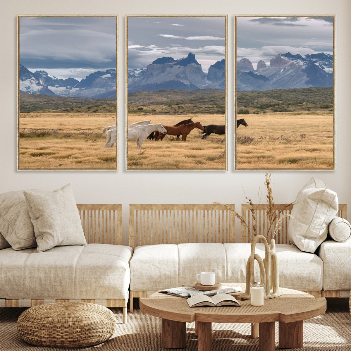 Grand Teton Park Wild Horses Wall Art Canvas Print – Framed