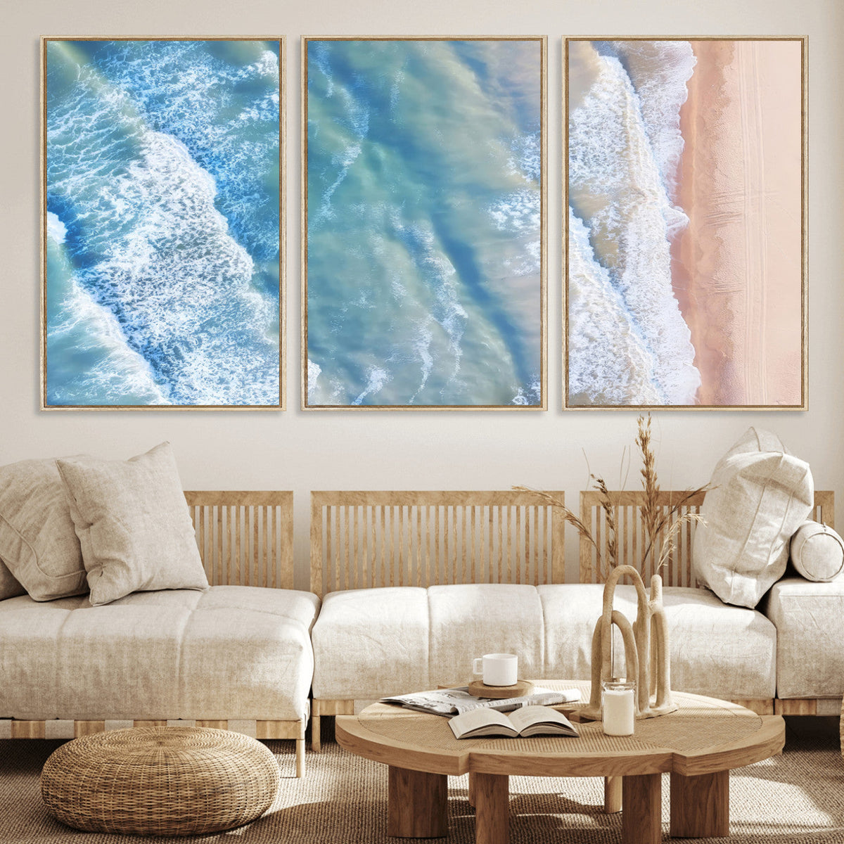 Aerial Ocean View Wall Art Canvas Print – Framed Soft Blue