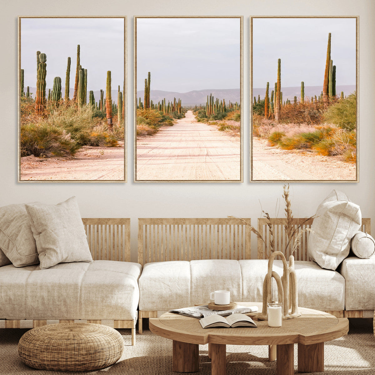 Desert Cactus Lined Road Wall Art Canvas Print – Framed