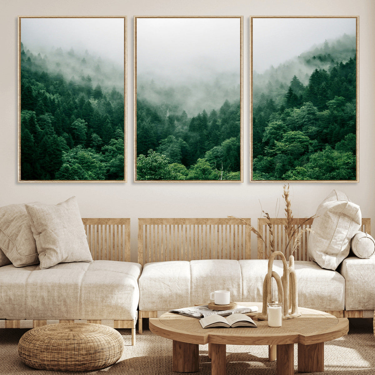 Misty Green Forest Canvas Print – Framed Serene Foggy Pine