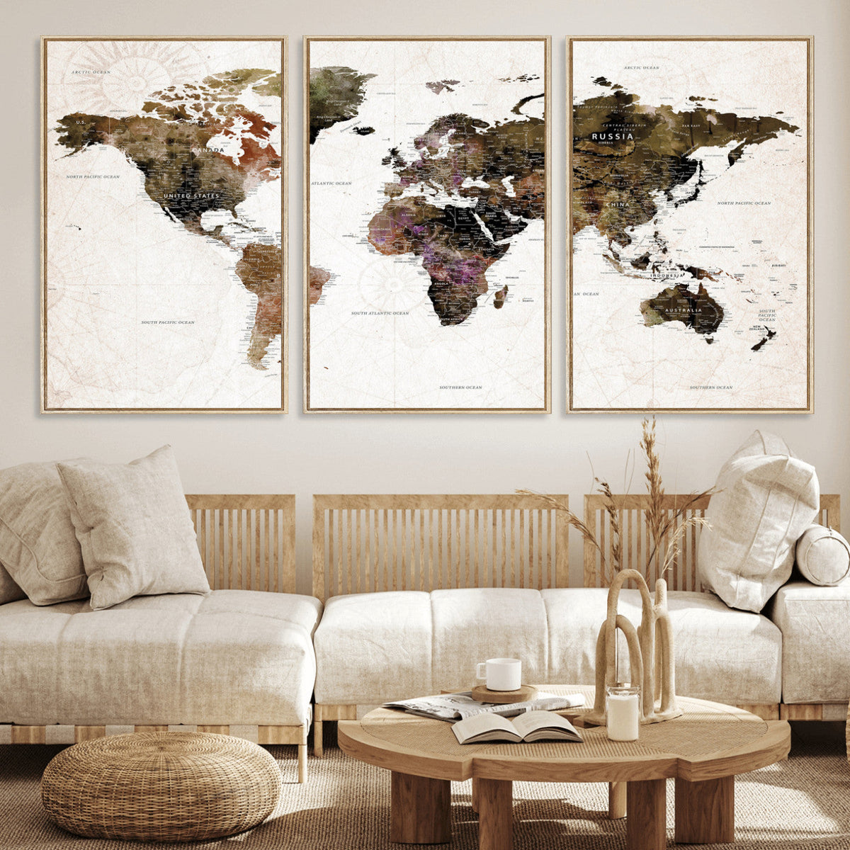 Watercolor World Map Print - Large Wall Art Canvas Print for