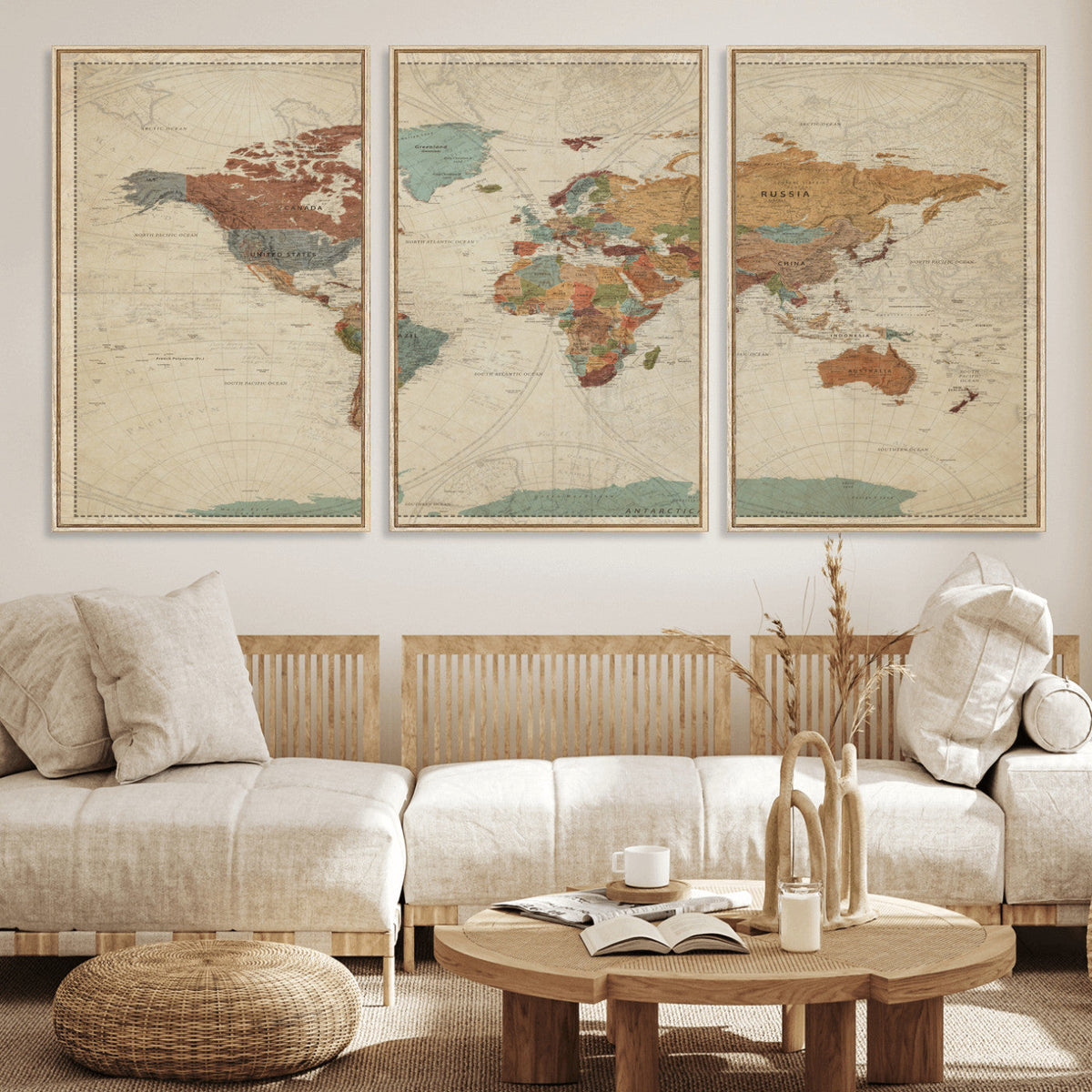 Vintage World Map Canvas Wall Art Print – Framed Modern