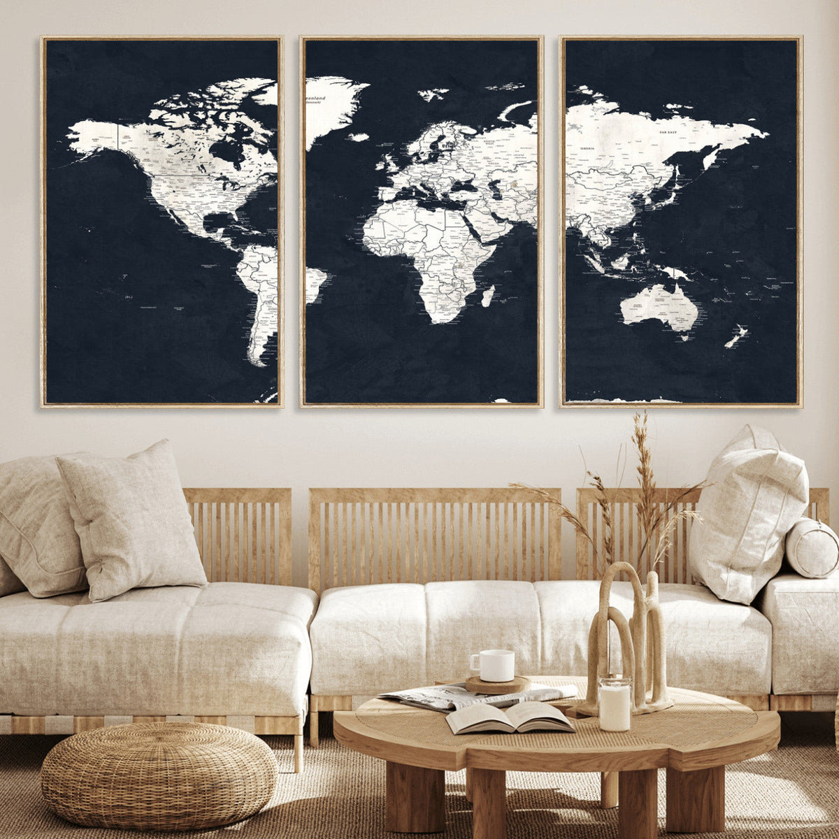 Black World Map Wall Art Canvas Print for Home Office and
