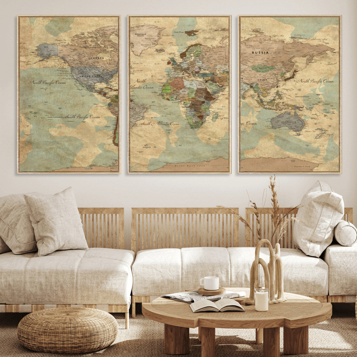 Vintage World Map Wall Art | Ready to Hang and Framed