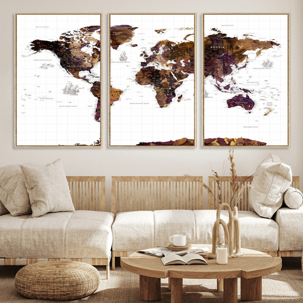 Rustic World Map Wall Art Canvas Print | Large World Map on