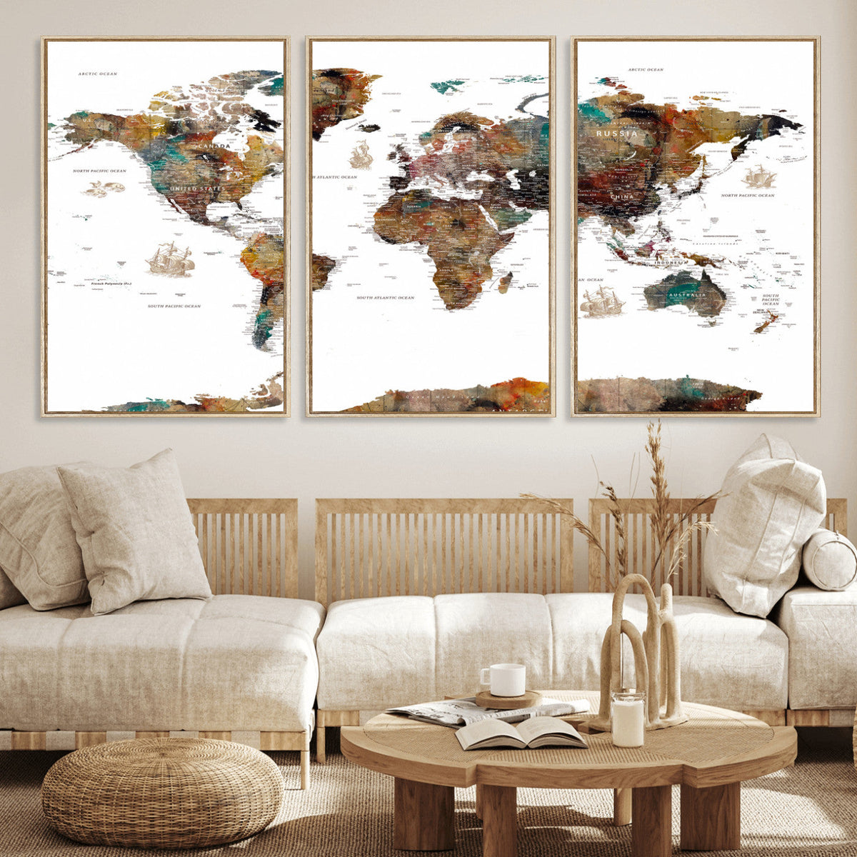 Watercolor World Map Canvas Print – Detailed Map of the