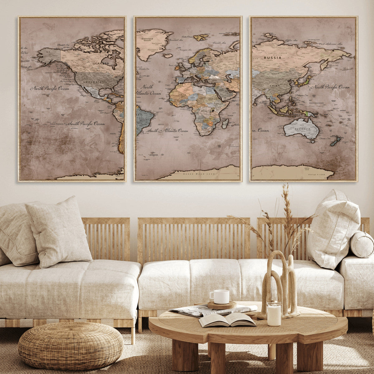 Grunge World Map Canvas Wall Art - Vintage Aged World Map