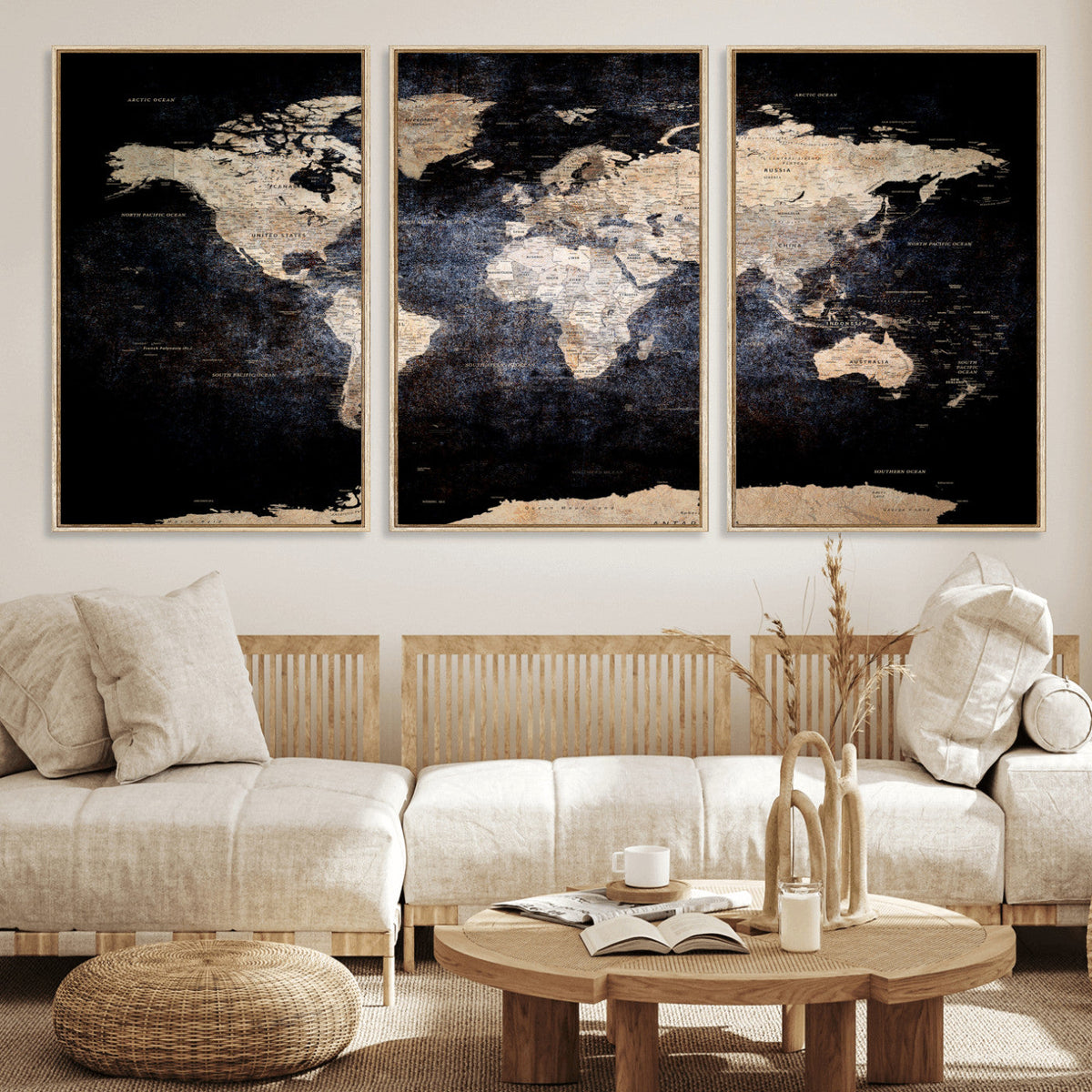 Grunge World Map Wall Art | 3-Panel Large Beige and Brown
