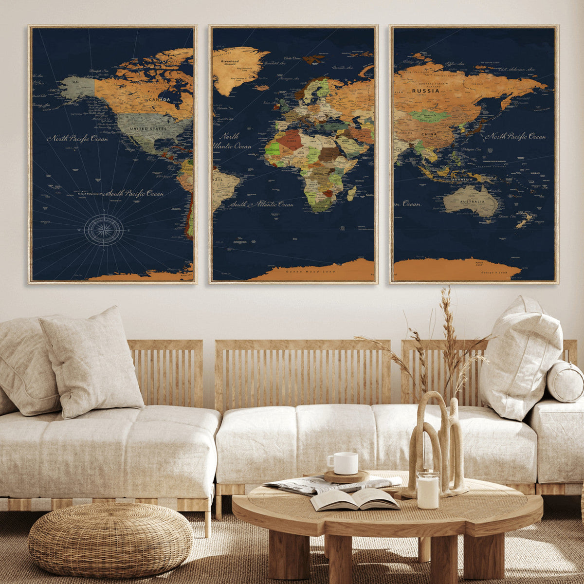 Modern World Map Canvas Print – Framed Detailed Map of the